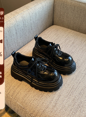 【TFM】英伦风厚底6CM增高百搭系带复古布洛克鞋女黑色小皮鞋百搭