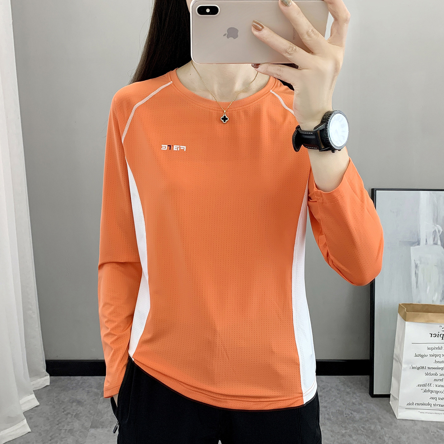 户外运动速干衣女圆领春夏轻薄弹力透气长袖T恤徒步跑步健身衣