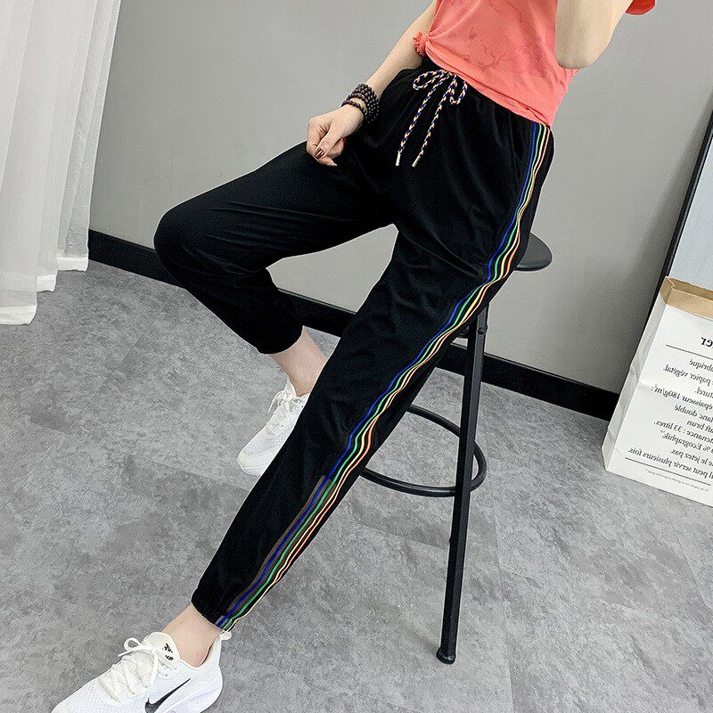 夏季冰丝速干裤女薄款透气松紧长裤凉感运动裤休闲束脚显瘦九分裤