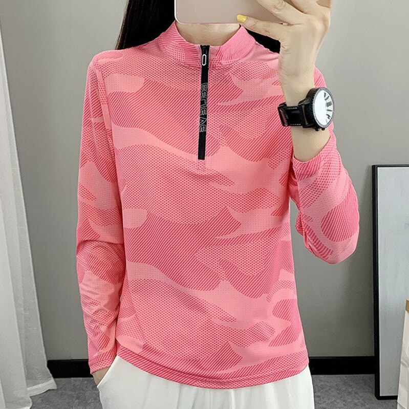 户外速干t恤女运动跑步长袖春秋登山吸汗透气薄款弹力立领快干衣