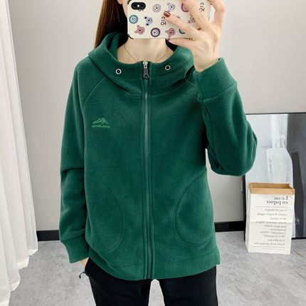 秋冬户外保暖抓绒衣女款运动开衫加绒加厚内胆连帽摇粒绒大码外套