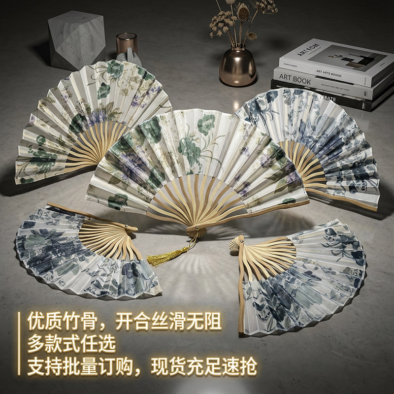 跨境款日式和风竹骨扇子精美女士小扇贝壳折扇带流苏葵扇扇子批发