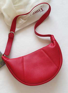 韩系ins红色软皮饺子包马鞍包月牙包休闲百搭单肩斜挎包通勤包女