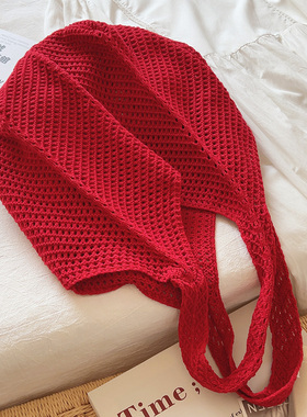 ins红色编织包包慵懒风托特包大容量单肩包针织购物袋度假沙滩包