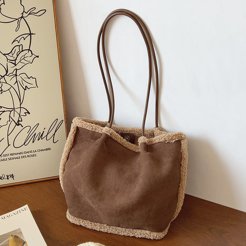 ins复古绒面拼接托特包羊羔毛腋下单肩包毛毛包毛绒包2024秋冬新