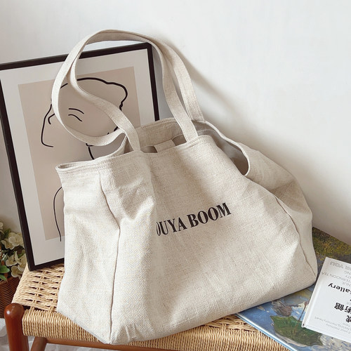韩风ins简约字母帆布包慵懒风托特包购物袋大容量棉麻布包布袋女