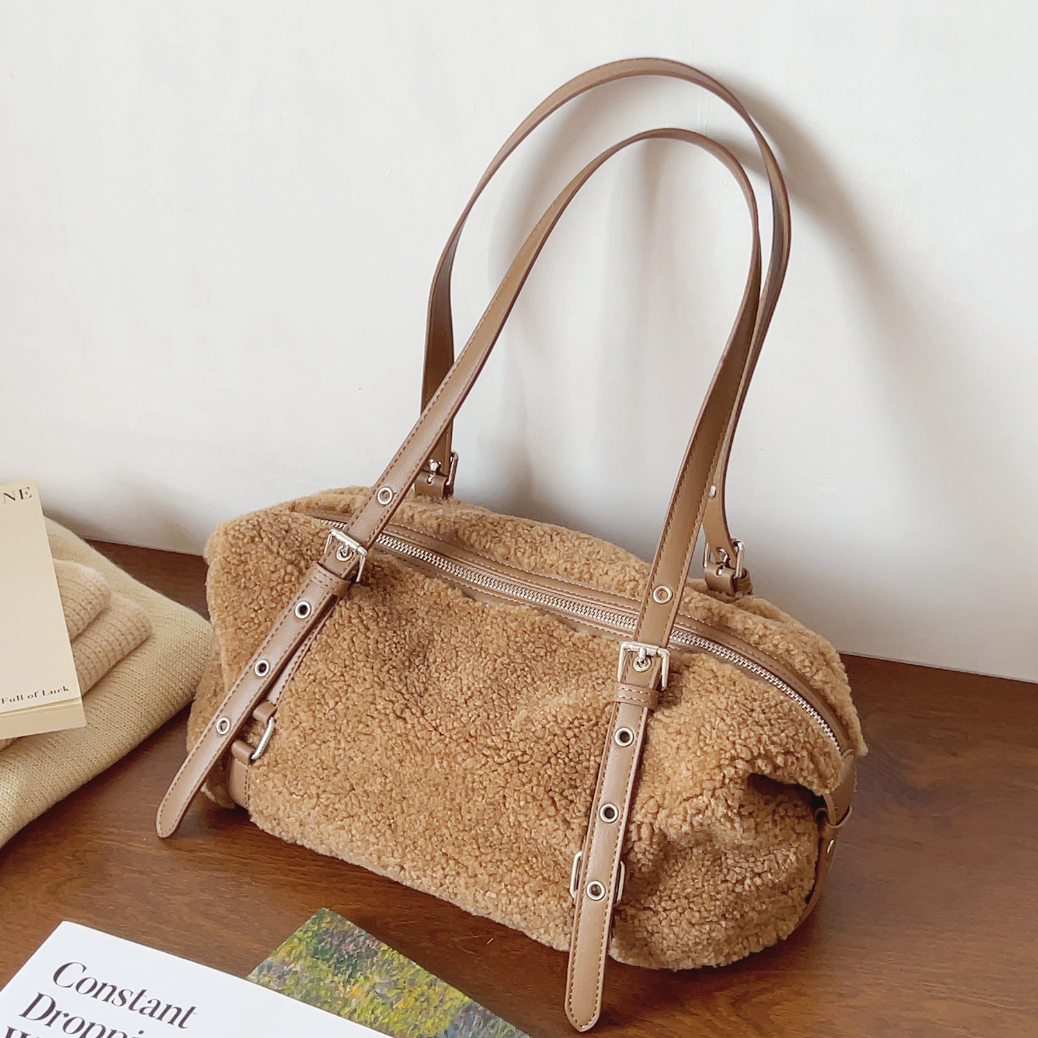 ins秋冬复古羊羔毛托特包时尚毛毛包毛绒包腋下单肩包手提包女包