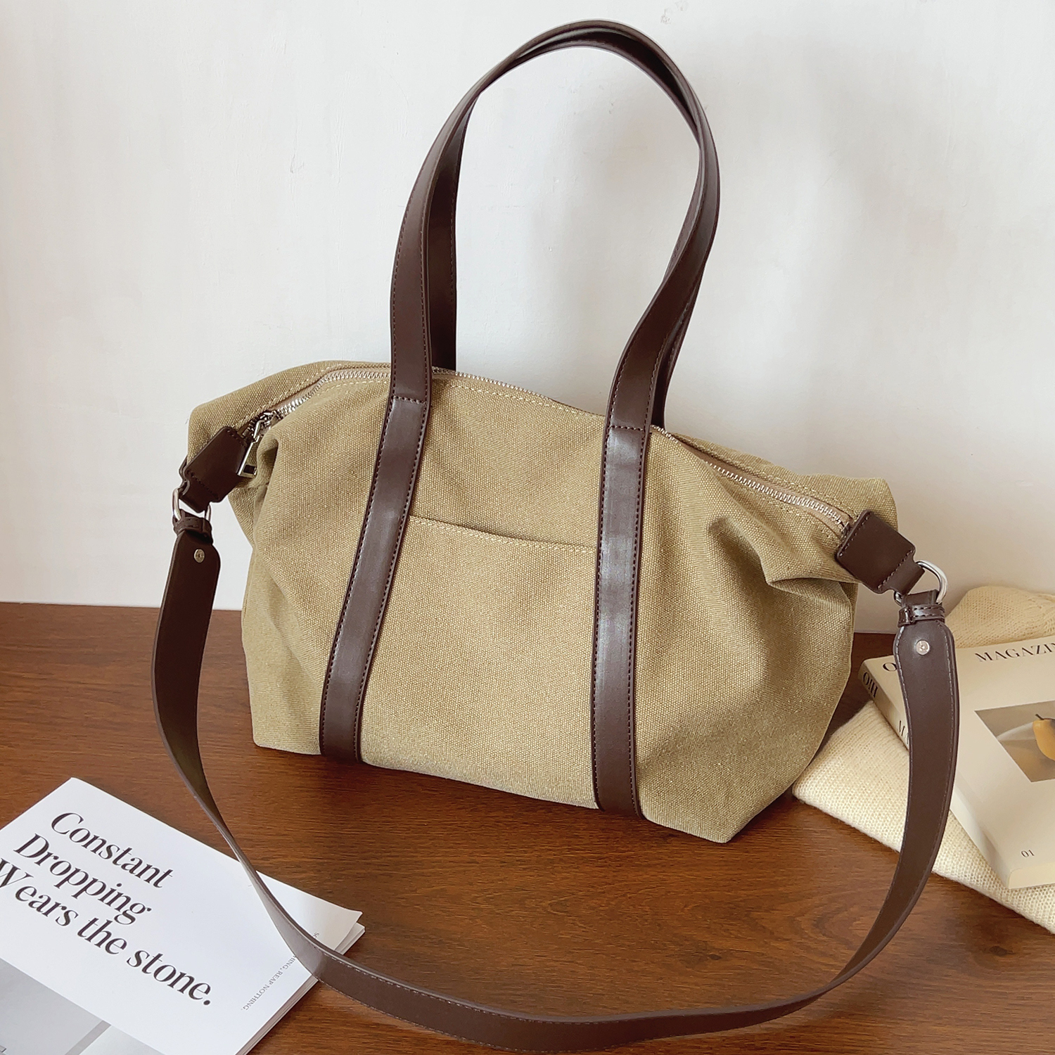 韩系ins简约撞色托特包大容量帆布包腋下单肩包斜挎包时尚通勤包