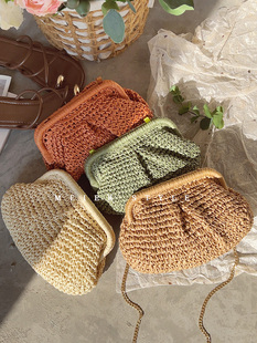 法式 小众复古编织手拿包褶皱贝壳包草编包链条斜挎包度假沙滩包女