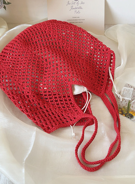 ins红色镂空编织包时尚百搭棉线包腋下单肩包托特包度假沙滩包女
