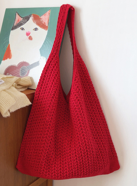 ins复古文艺红色编织包针织毛线包大容量托特包单肩包购物袋2025