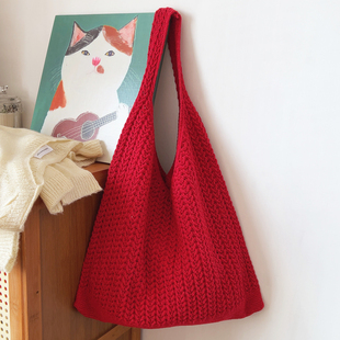 ins复古文艺红色编织包针织毛线包大容量托特包单肩包购物袋2025