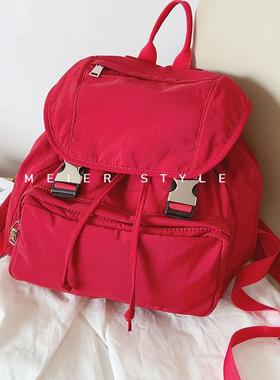 韩国ins简约休闲红色尼龙双肩包时尚百搭旅行背包学生书包2024新