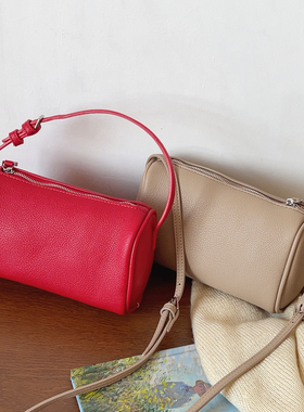 ins红色手提小包包简约迷你圆筒包休闲百搭单肩斜挎包女2025新款