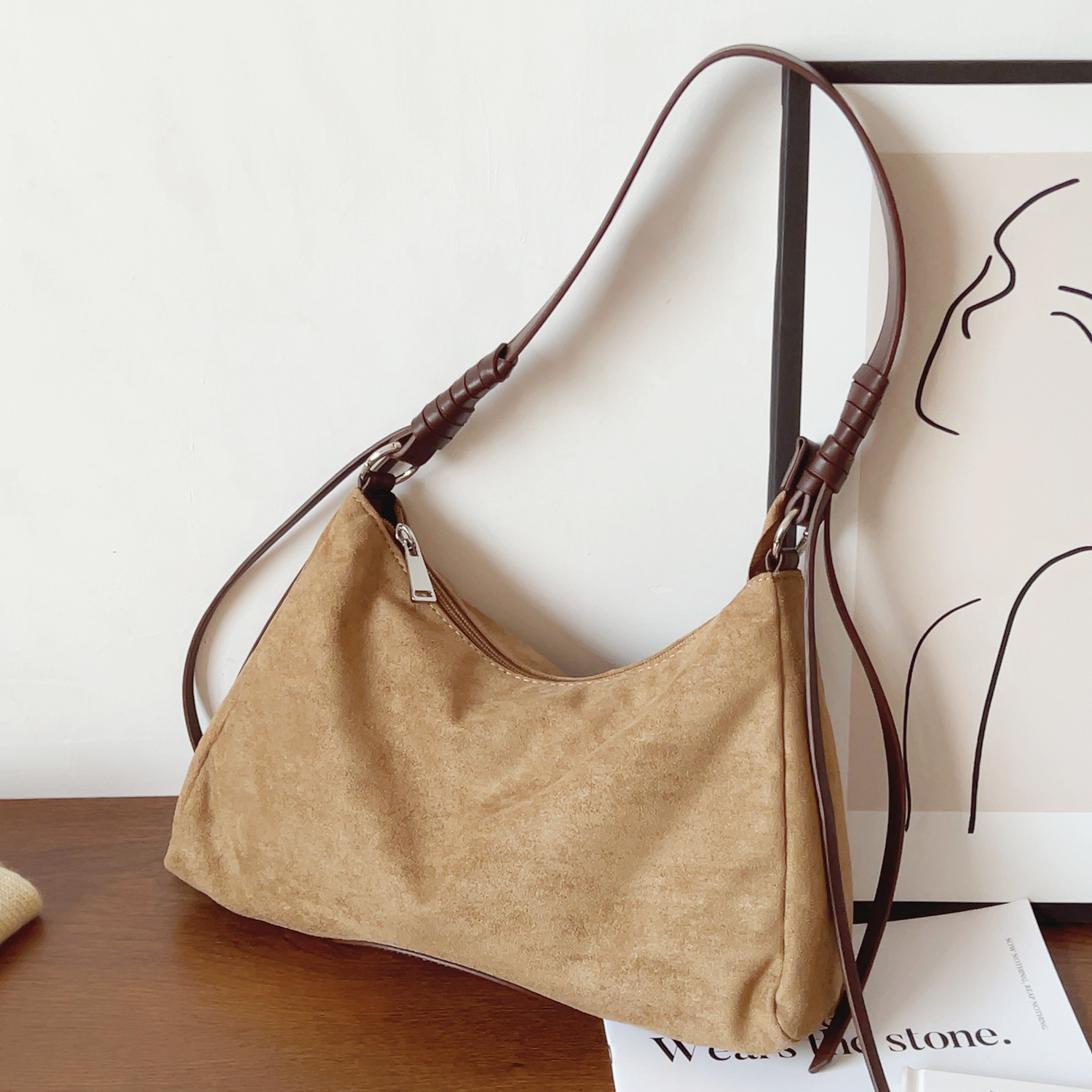 法式小众复古绒面托特包腋下单肩包撞色手提包单肩斜挎包通勤包女