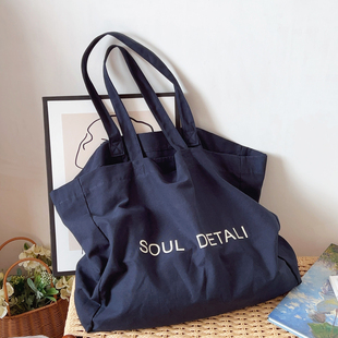 韩系ins字母印花帆布包大容量托特包单肩包简约购物袋时尚 布袋女