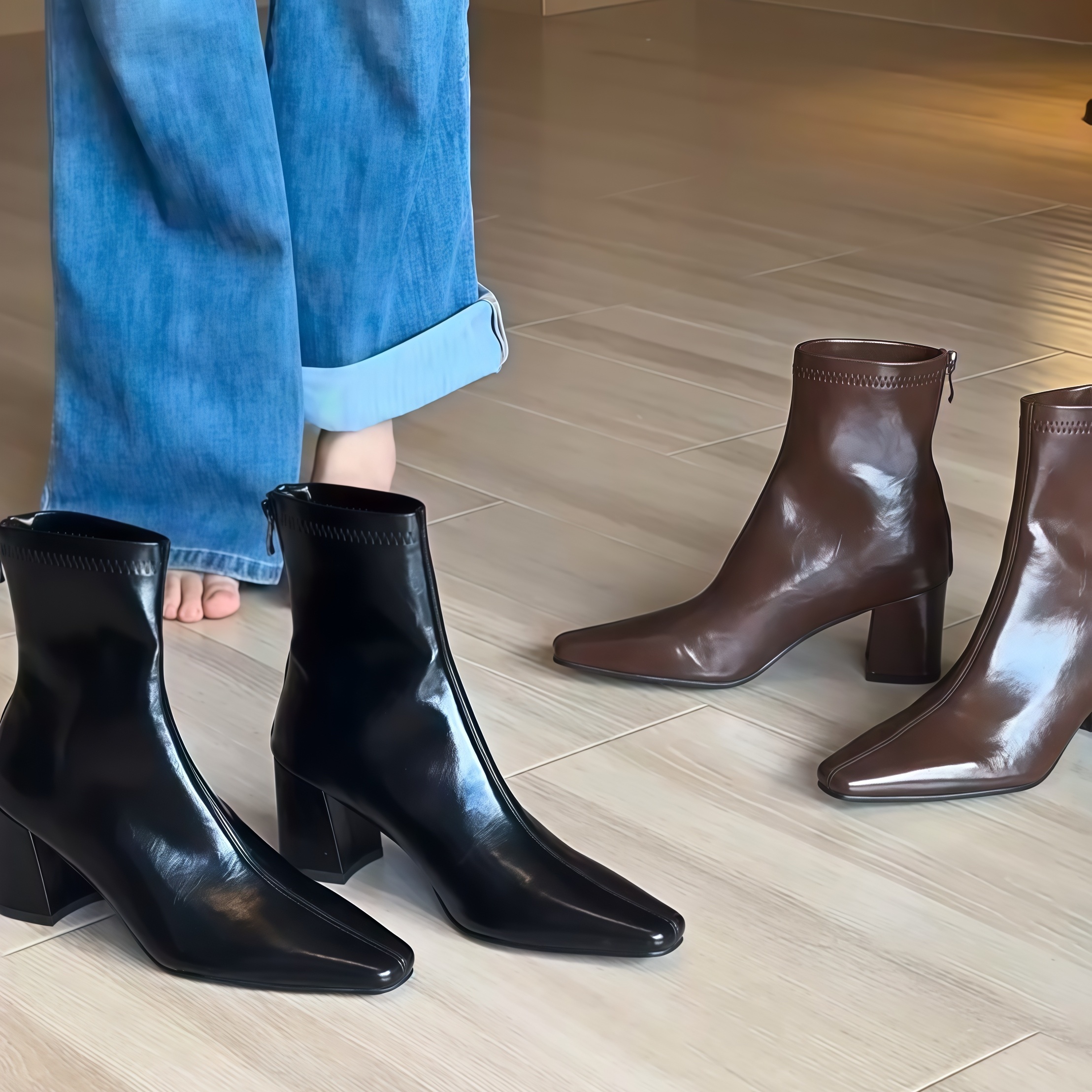 韩版短靴修面皮方头胶粘鞋短靴