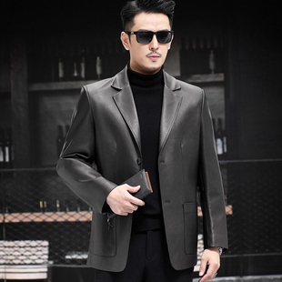 春秋真皮皮衣男士头层牛皮西装领皮夹克男短款修身外套中年爸爸装