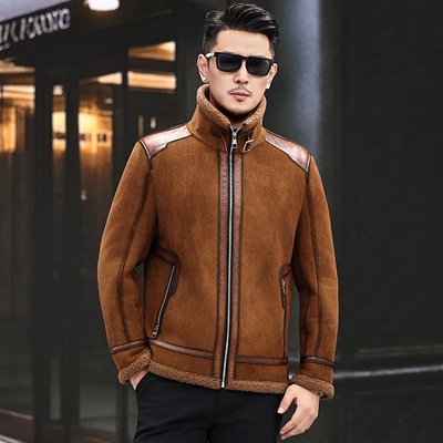 头层皮海宁真皮皮衣男皮毛一体加绒加厚爸爸装皮夹克男羊羔毛外套