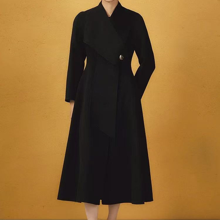 高端2025冬季新款黑色绵羊毛大衣