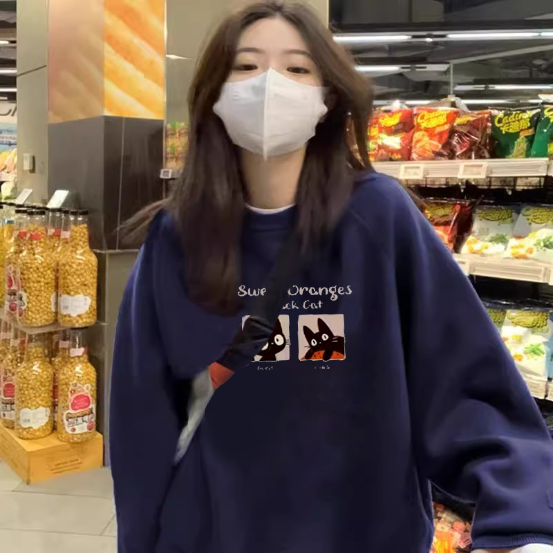 宽松胖mm大码圆领秋冬加绒加厚卫衣女设计感小众显瘦无帽外套上衣