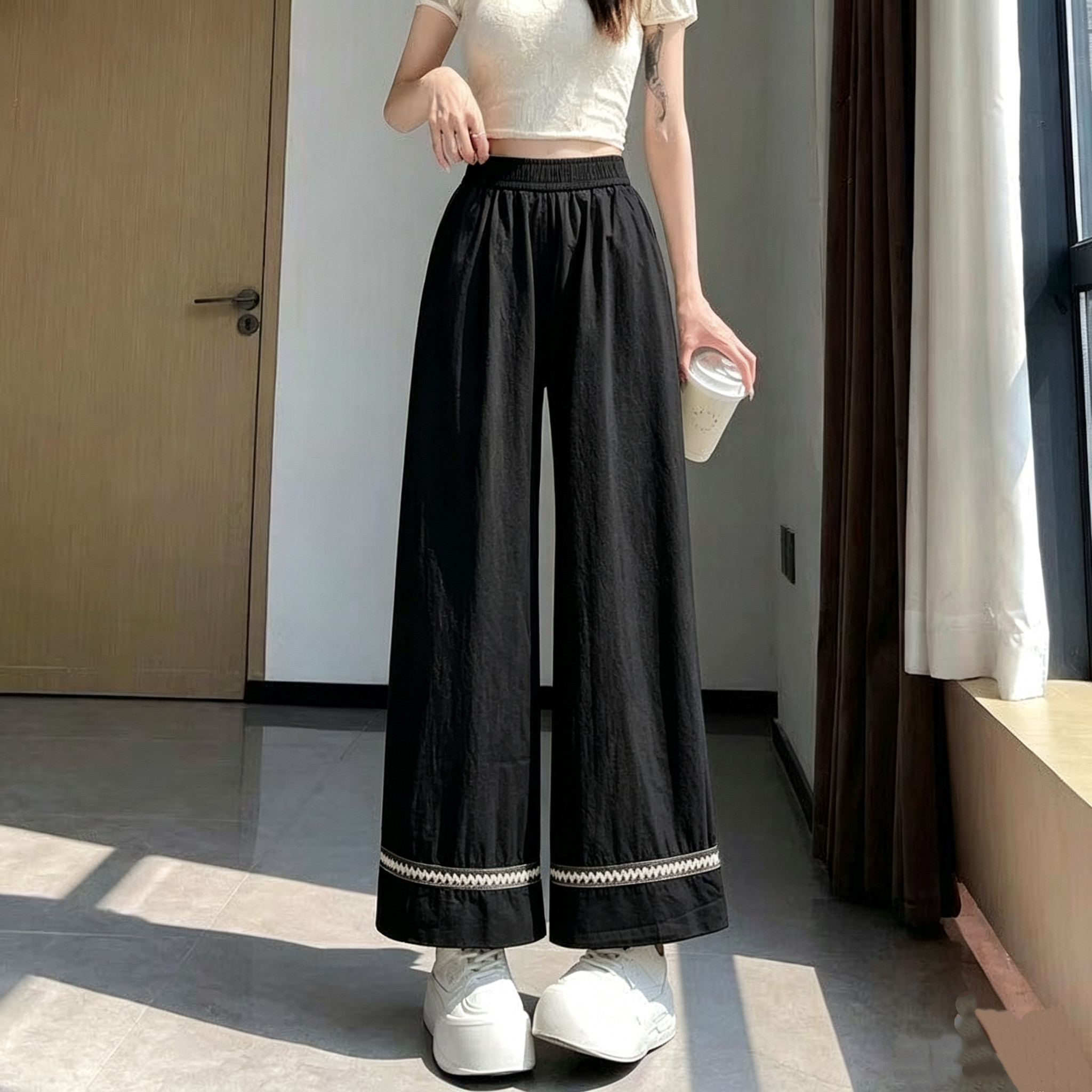 阔腿裤女2026新款拼接夏季裤子女薄款高腰显瘦垂感宽松休闲直筒裤