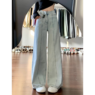 复古浅色牛仔裤女款小个子裤子2025夏新款小众高腰直筒阔腿工装裤