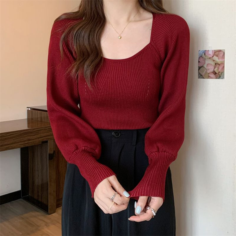 别致方领上衣女秋冬长袖法式加厚打底时尚穿搭灯笼袖短款针织毛衣
