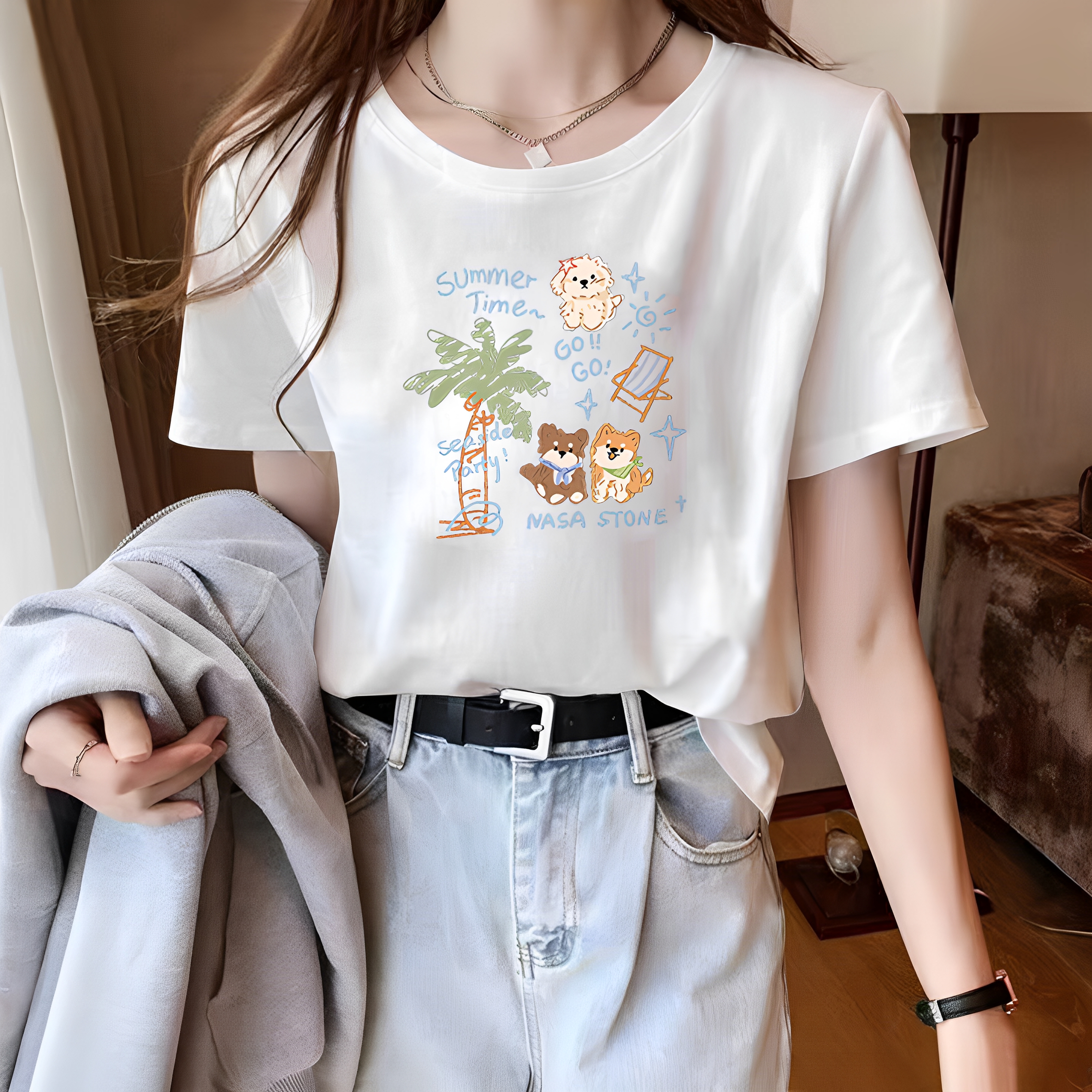 欧货灰色纯棉正肩短袖t恤女2025夏爆款白色卡通印花宽松圆领上衣