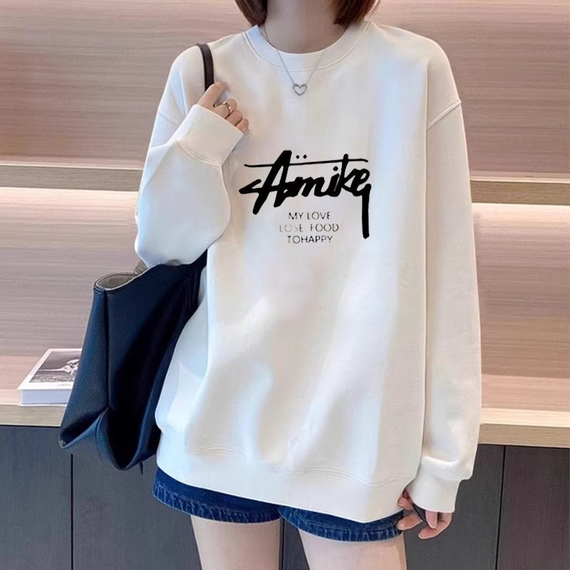 白色秋冬卫衣女款2025新款爆款时尚洋气宽松大码加绒圆领长袖上衣