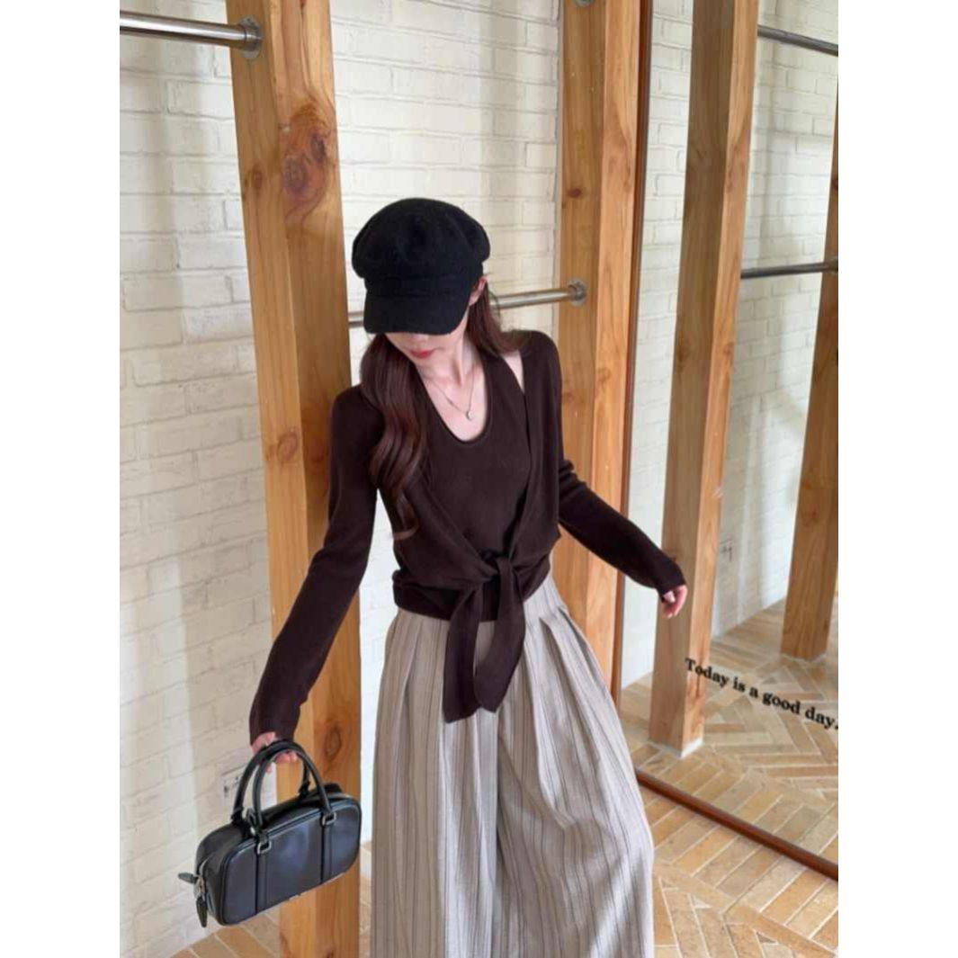 假两件绑带V领挂脖针织衫女2025春季chic设计感宽松打底衫上衣