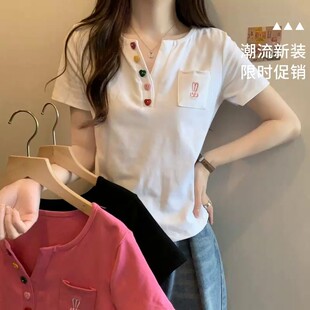 大码微胖V领正肩短袖T恤女2026夏季新款胖mm宽松短款显瘦遮肉上衣
