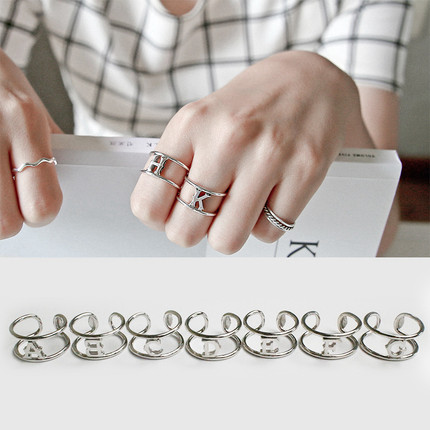 日韩版S925纯银简约英文字母双层线条开口戒指环情侣个性定制礼物