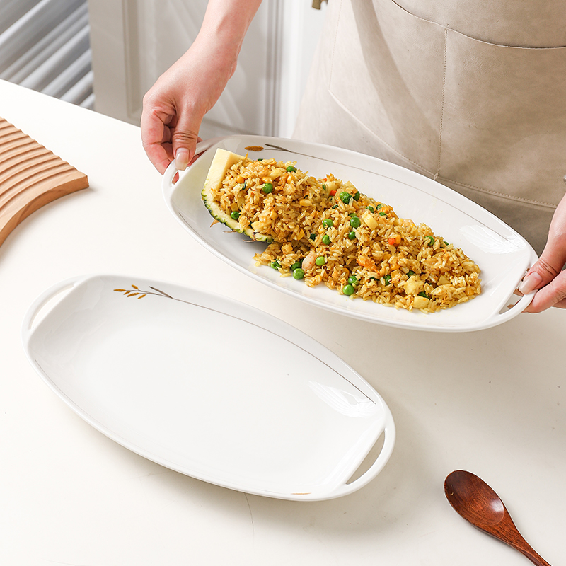 简约釉下彩双耳盘子长方蒸鱼盘千顺秋实素雅图案烤盘饭盘好看碟子