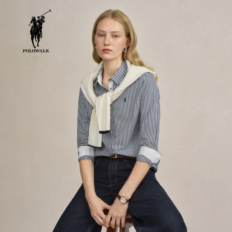 POLOWALK女装2025秋季保罗新品女式条纹翻领长袖衬衫AJ5W53550041
