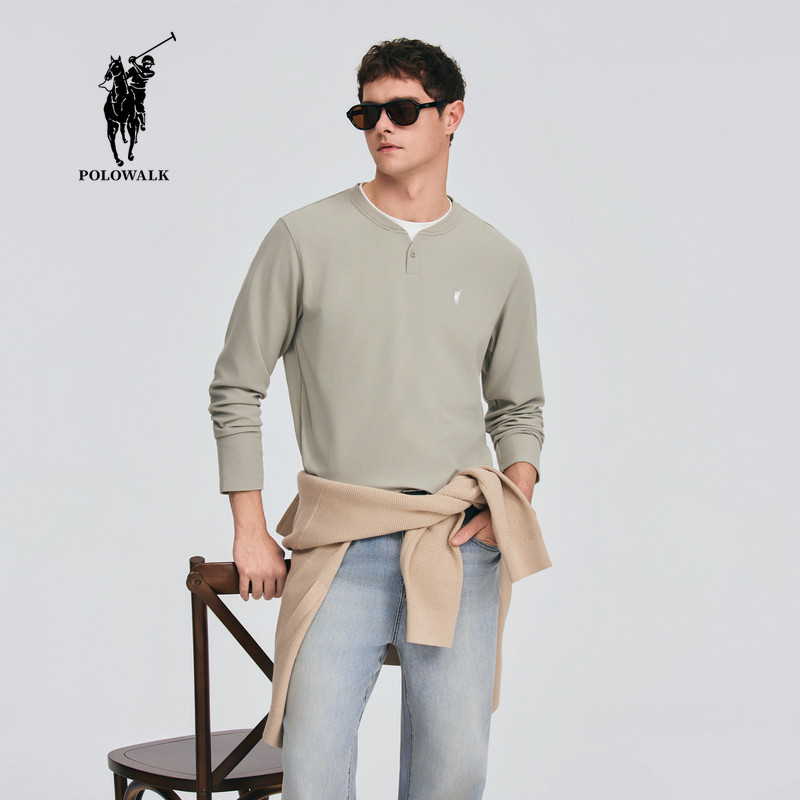POLOWALK男式长袖T恤2026春季新品撞色双层亨利领长袖套头上衣,男装,T恤,淘宝优惠券,粉丝福利购,淘宝优惠卷