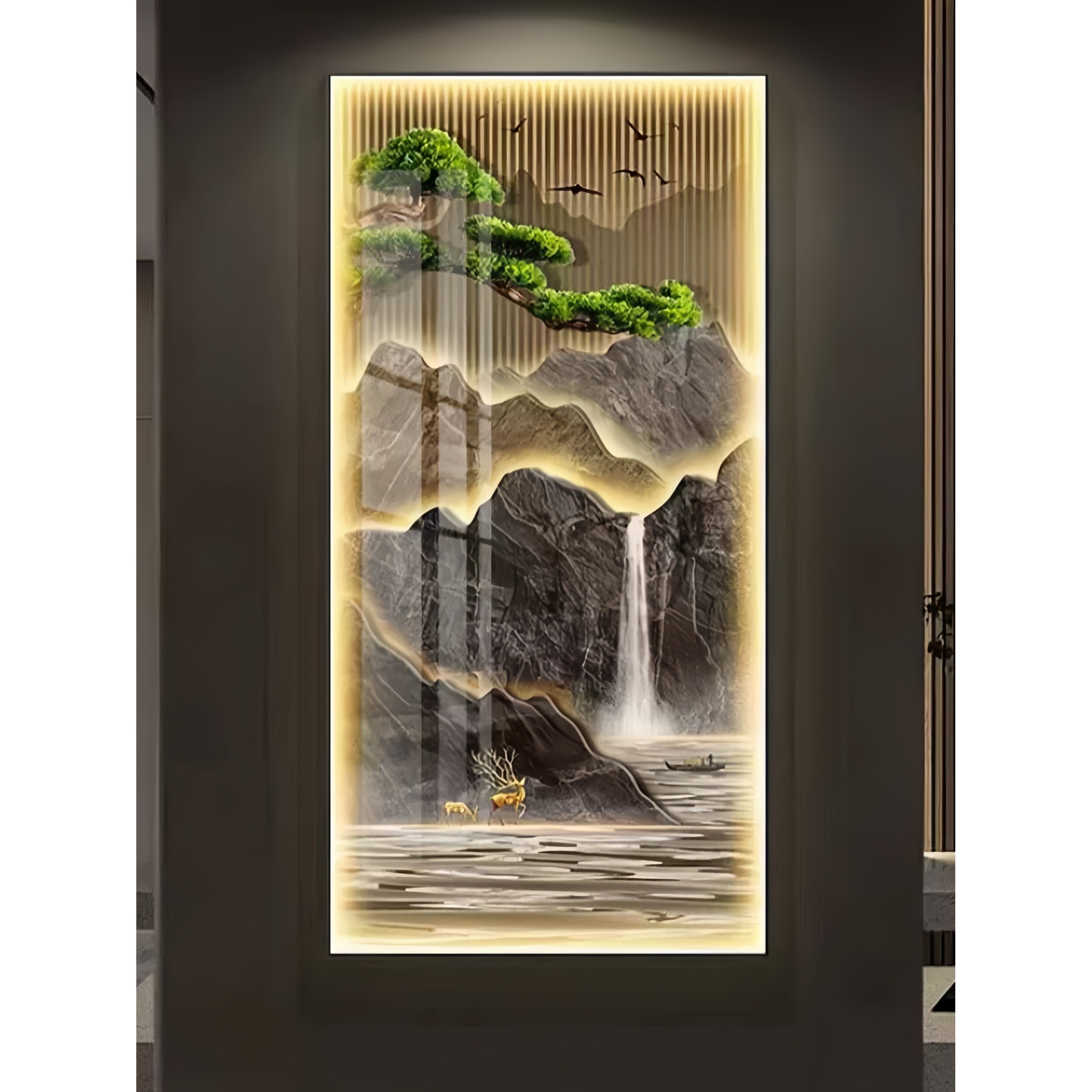 新款山水流水生财风景画高端玄关装饰画新中式壁画灯山水画靠山图