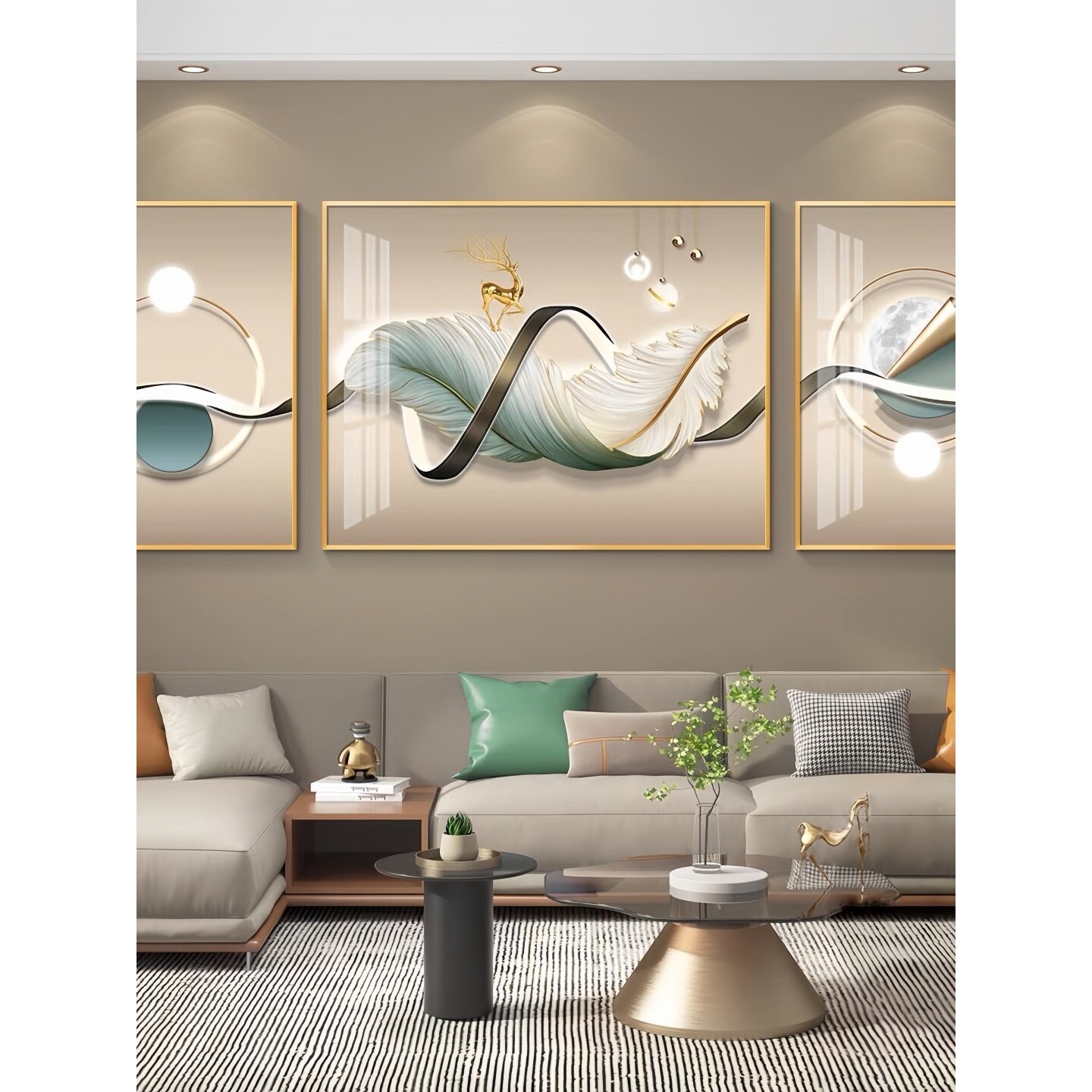 金鹿幻羽轻奢客厅三联画简约大气沙发背景墙装饰画寓意好墙壁挂画