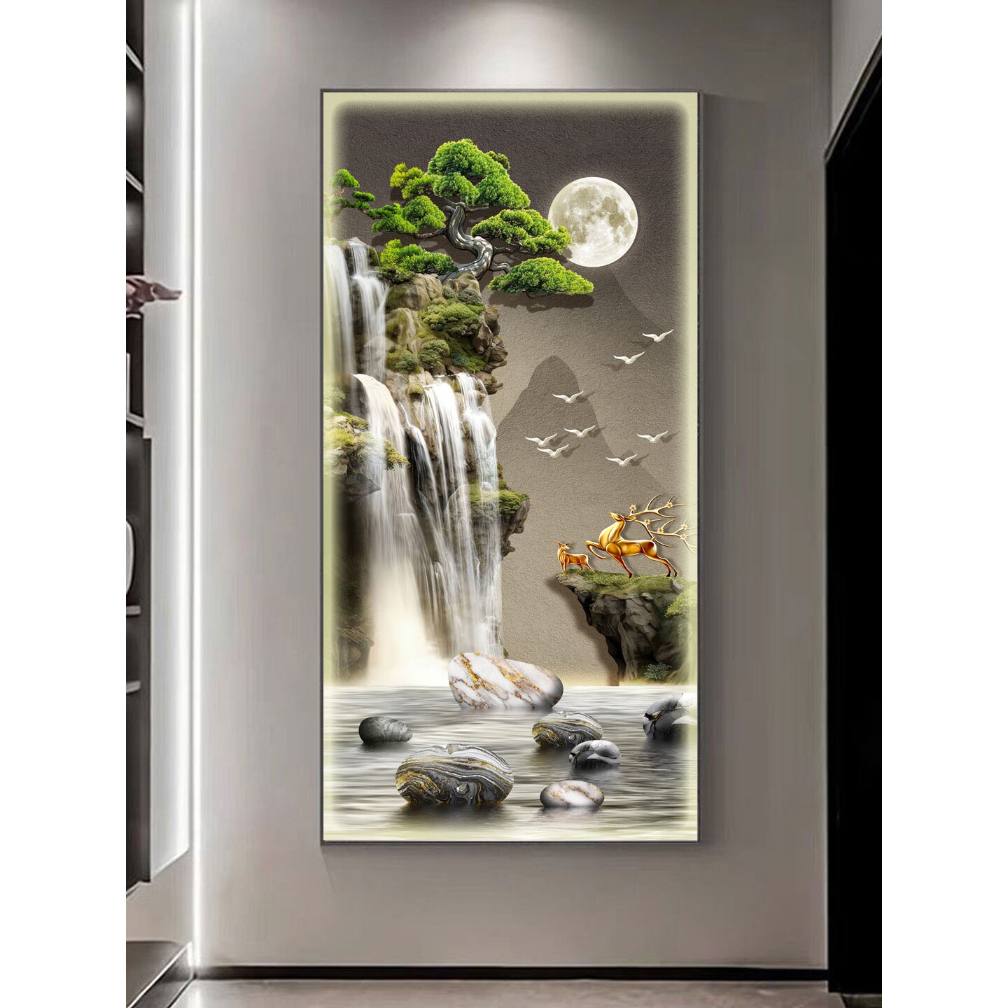流水生财轻奢高端玄关画入户门装饰画新中式山水风景LED带灯壁画