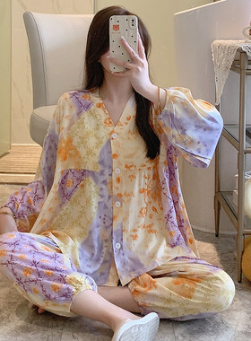 春夏棉绸薄款长袖女睡衣套装