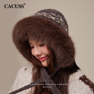CACUSS加厚护耳毛线帽子女冬季费尔岛含羊毛针织帽保暖毛绒雷锋帽
