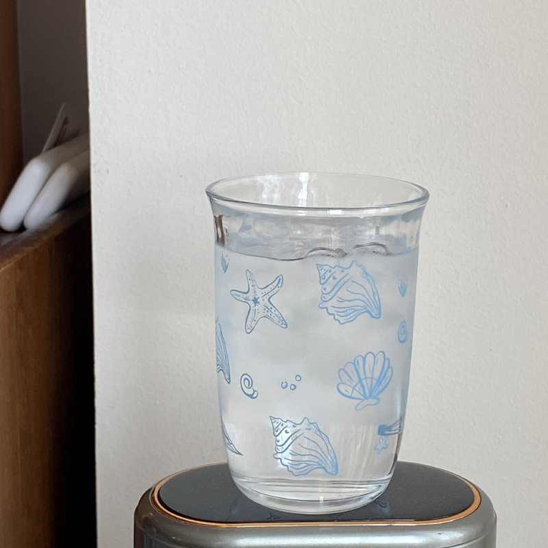 中古风水杯海边插画海星贝壳玻璃杯ins小众复古清新大容量咖啡子