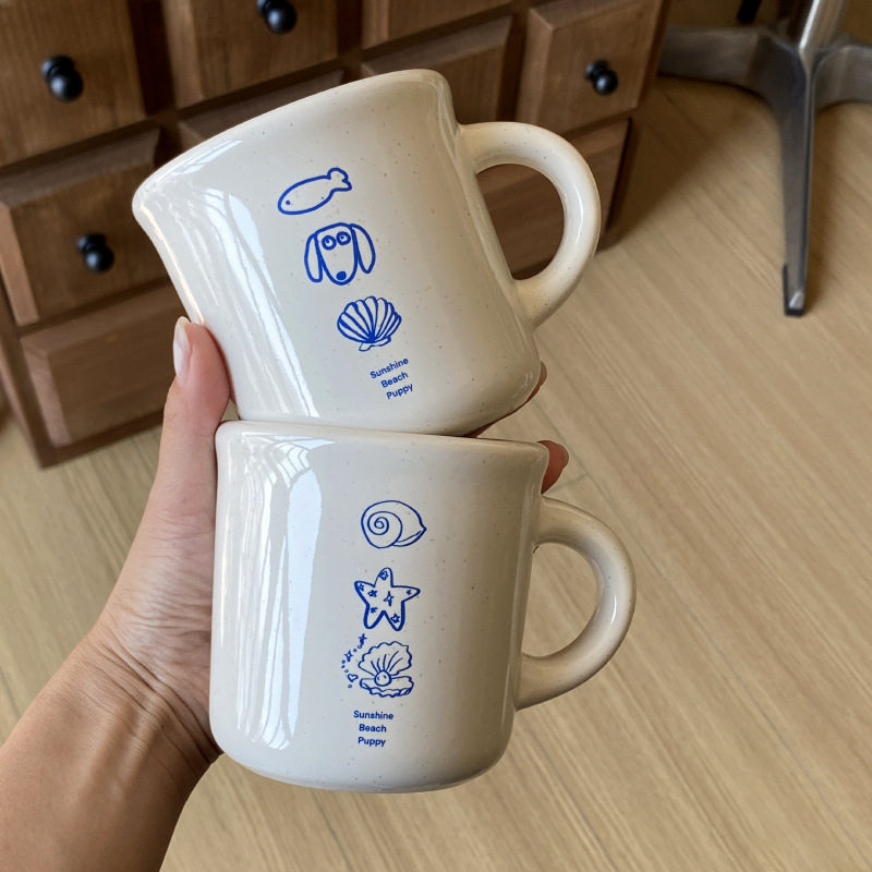 小众复古ins海洋贝壳修勾陶瓷杯日式粗陶质感咖啡杯水杯马克杯子