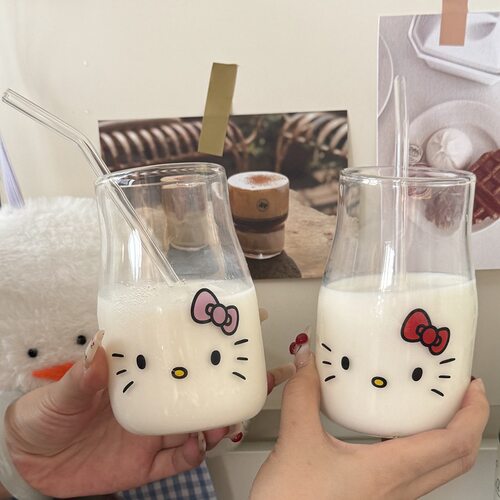 可爱kt少女心吸管杯耐热玻璃杯子ins风透明早餐牛奶杯简约咖啡杯