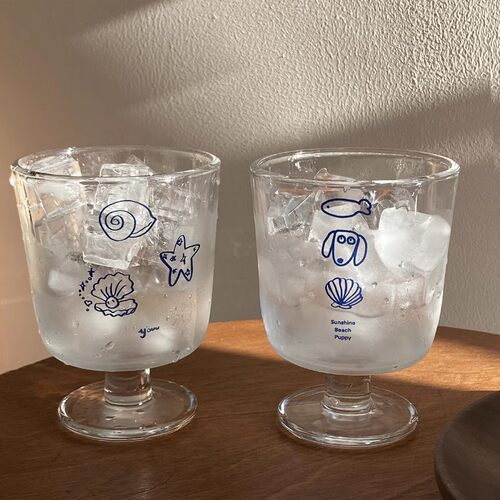 自制中古ins海洋贝壳修勾高脚杯法式浪漫甜品杯小众简约牛奶杯子
