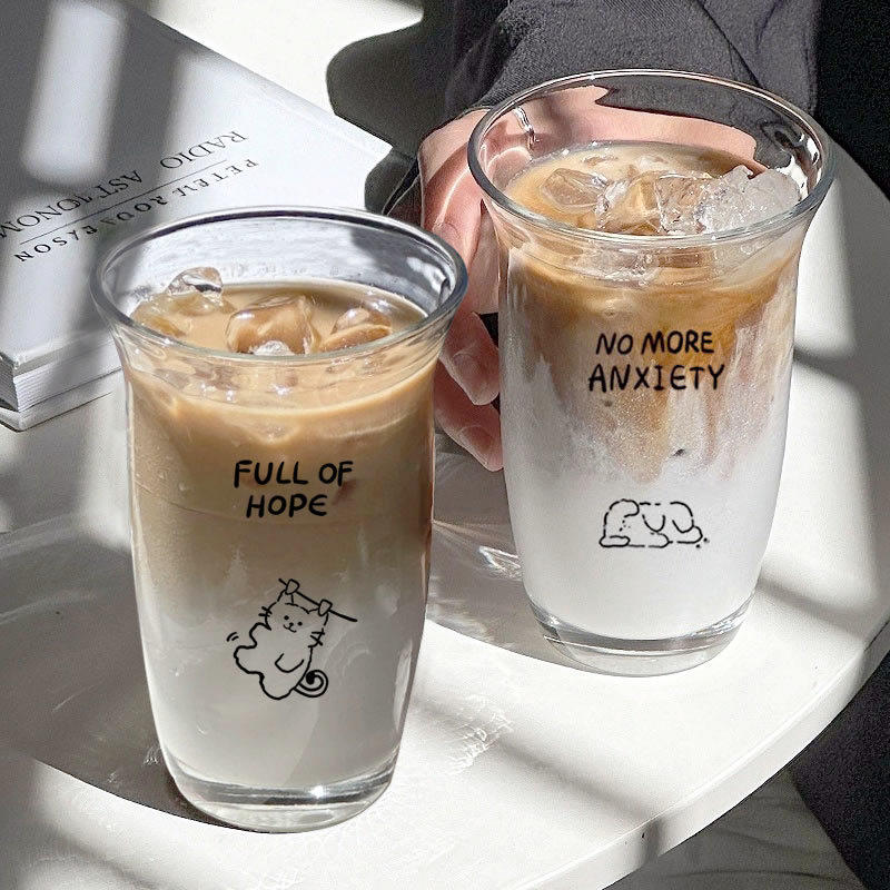 冰美式冷萃咖啡杯玻璃翻口杯饮料果茶杯牛奶杯简约加厚水杯吸管