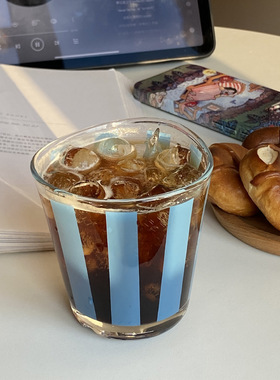 自制ins小清新玻璃杯小众复古简约咖啡杯蓝色条纹不规则喝水杯子