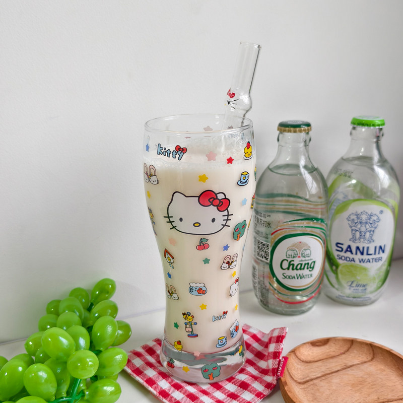 可爱kt猫玻璃杯韩式卡通高腰果汁饮料杯家用小众珍珠奶茶吸管杯子
