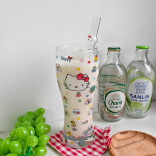 可爱kt猫玻璃杯韩式卡通高腰果汁饮料杯家用小众珍珠奶茶吸管杯子