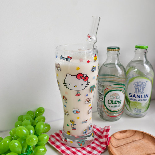 可爱kt猫玻璃杯韩式卡通高腰果汁饮料杯家用小众珍珠奶茶吸管杯子